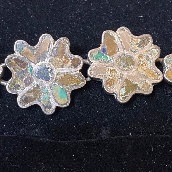 Vintage Mexican Sterling Silver & Stone Flower Bracelet - Picture 6 of 16